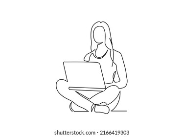 Single continuous line drawing of young businesswoman typing business ideas draft on laptop while holding a cup coffee at office. Drinking tea concept one line draw graphic vector design illustration