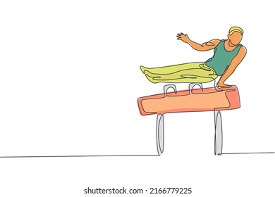 Single continuous line drawing young handsome professional gymnast man perform acrobatic motion. Pommel horse training and stretching concept. Trendy one line draw design vector illustration graphic