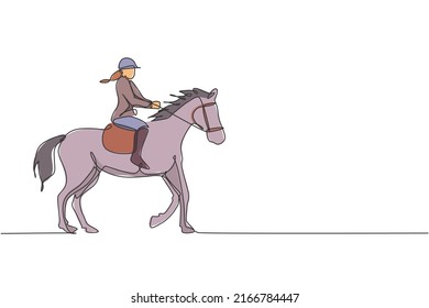 Single continuous line drawing of young professional horseback rider walking with a horse around the stables. Equestrian sport training process concept. Trendy one line draw design vector illustration