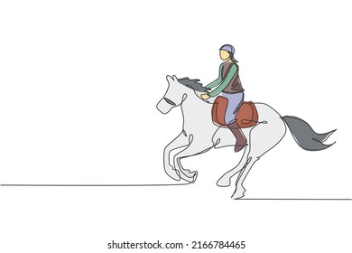 Single continuous line drawing of young professional horseback rider running with a horse around the stables. Equestrian sport training process concept. Trendy one line draw design vector illustration