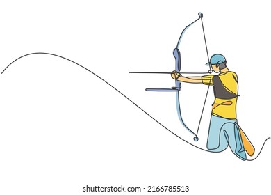 Single continuous line drawing of young professional archer man focus aiming archery target. Archery sport exercise with the bow concept. Trendy one line draw design vector illustration graphic