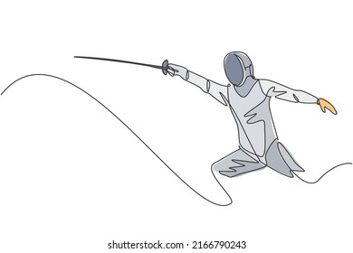 Single continuous line drawing of young professional fencer athlete man in fencing mask and rapier. Competitive fighting sport competition concept. Trendy one line draw design vector illustration