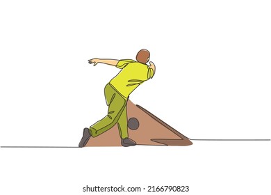 Single continuous line drawing of young happy bowling player man throw bowling ball to hit pins. Doing sport hobby at leisure time concept. Trendy one line draw design vector illustration graphic