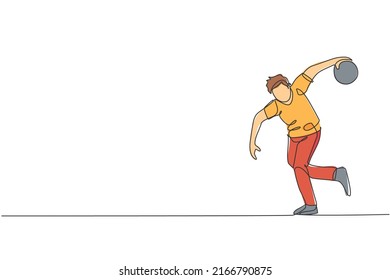 Single continuous line drawing of young happy bowling player man throw bowling ball to hit the pins. Doing sport hobby at leisure time concept. Trendy one line draw design vector illustration graphic