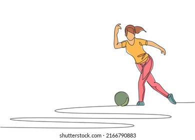 Single continuous line drawing young happy bowling player woman throw bowling ball to hit the pins. Doing sport hobby at leisure time concept. Trendy one line draw design vector illustration graphic