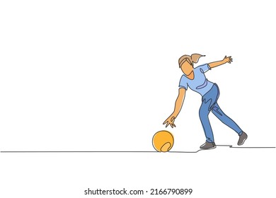 Single continuous line drawing young happy bowling player woman throw bowling ball to hit the pins. Doing sport hobby at leisure time concept. Trendy one line draw design graphic vector illustration