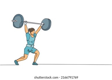 Single continuous line drawing of young strong weightlifter woman preparing for barbell workout in gym. Weight lifting training concept. Trendy one line draw design vector graphic illustration