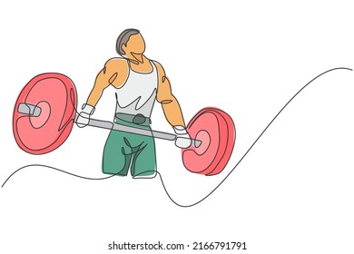 Single continuous line drawing of young strong weightlifter man preparing for barbell workout in gym. Weight lifting training concept. Trendy one line draw graphic design vector illustration