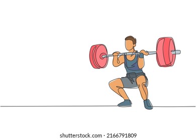 Single continuous line drawing of young strong weightlifter man preparing for barbell workout in gym. Weight lifting training concept. Trendy one line draw graphic design vector illustration