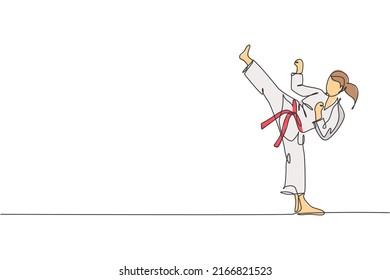 Single continuous line drawing of young confident karateka girl in kimono practicing karate combat at dojo. Martial art sport training concept. Trendy one line draw design vector graphic illustration