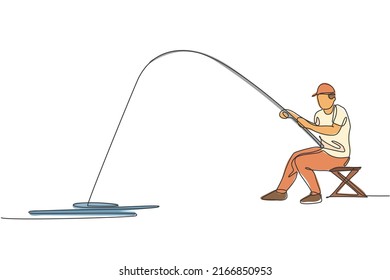 Single continuous line drawing young happy fisher man fly fishing bass fish in open river while siting on chair. Fishing hobby holiday concept. Trendy one line draw design vector illustration graphic