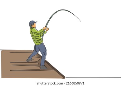 Single continuous line drawing of young happy fisher man fly fishing big bass fish in dock pier. Fishing hobby holiday concept. Trendy one line draw design graphic vector illustration