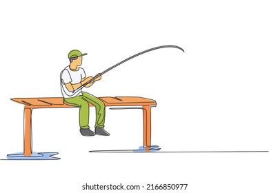 Single continuous line drawing of young happy fisher man fishing big trout fish in dock pier while sitting relax. Fishing hobby holiday concept. Trendy one line draw design vector illustration graphic