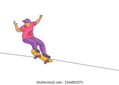 Single continuous line drawing of young cool skateboarder man riding skate and performing jump trick in skate park. Practicing outdoor sport concept. Trendy one line draw design vector illustration