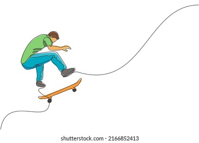 Single continuous line drawing of young cool skateboarder man riding skate and performing jump trick in skate park. Practicing outdoor sport concept. Trendy one line draw design vector illustration