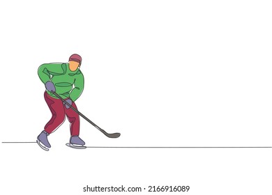 Single continuous line drawing of young professional ice hockey player hit the puck and attack on ice rink arena. Extreme winter sport concept. Trendy one line draw design graphic vector illustration