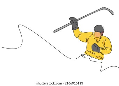 Single continuous line drawing of young professional ice hockey player hit the puck and attack on ice rink arena. Extreme winter sport concept. Trendy one line draw design graphic vector illustration