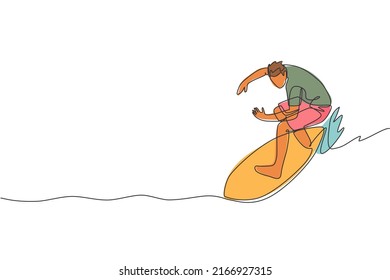 Single continuous line drawing young professional surfer in action riding the waves on blue ocean. Extreme watersport concept. Summer vacation. Trendy one line draw design vector graphic illustration