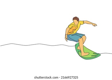 Single continuous line drawing young professional surfer in action riding the waves on blue ocean. Extreme watersport concept. Summer vacation. Trendy one line draw design vector graphic illustration