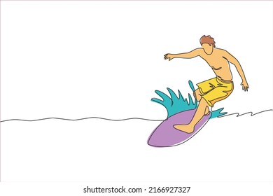 Single continuous line drawing young professional surfer in action riding the waves on blue ocean. Extreme watersport concept. Summer vacation. Trendy one line draw design vector illustration graphic