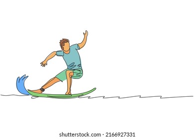 Single continuous line drawing young professional surfer in action riding the waves on blue ocean. Extreme watersport concept. Summer vacation. Trendy one line draw design vector graphic illustration