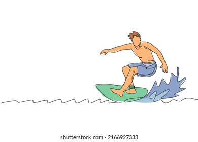 Single continuous line drawing young professional surfer in action riding the waves on blue ocean. Extreme watersport concept. Summer vacation. Trendy one line draw design graphic vector illustration