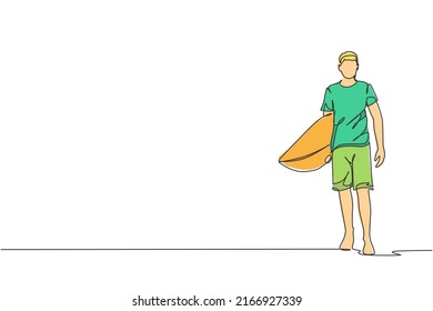 Single continuous line drawing of young professional surfer walking and carrying surfboard at sandy beach. Extreme watersport concept. Summer vacation. Trendy one line draw design vector illustration