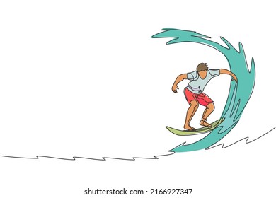 Single continuous line drawing young professional surfer in action riding the waves on blue ocean. Extreme watersport concept. Summer vacation. Trendy one line draw design graphic vector illustration