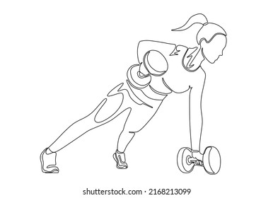 Single continuous line drawing of young sportive woman training in sport gymnasium club center. Fitness stretching concept. One line draw design vector illustration