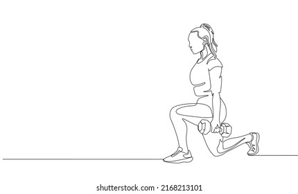 Single continuous line drawing of young sportive woman training in sport gymnasium club center. Fitness stretching concept. One line draw design vector illustration