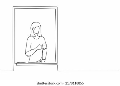 Single continuous line drawing young woman enjoy hot coffee or tea. Female holding mug and looking outside through window while sitting on windowsill. One line draw graphic design vector illustration