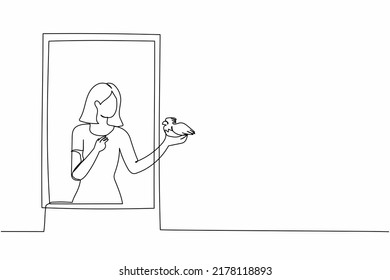 Single Continuous Line Drawing Young Woman Standing On Windowsill With Bird In Arm. Happy Female On Balcony With Her Pet. Open Window To Get Fresh Air. One Line Draw Graphic Design Vector Illustration