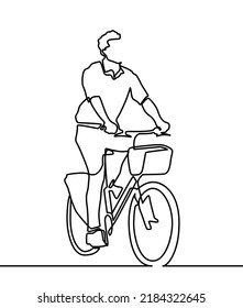 Single continuous line drawing young professional businessman riding bicycle to his company. Bike to work, eco friendly transportation concept. Trendy one line draw design graphic vector illustration