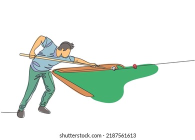 Single continuous line drawing of young handsome professional athlete man playing pool billiards at billiard room in bar. Indoor sport game concept. Trendy one line draw design vector illustration