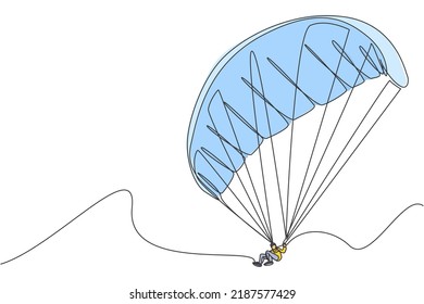 Single continuous line drawing of young tourist man flying with paragliding parachute on the sky. Extreme vacation holiday sport concept. Trendy one line draw design vector graphic illustration