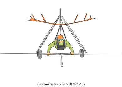 Single Continuous Line Drawing Of Young Tourist Man Flying With Hang Gliding Parachute On The Sky. Extreme Vacation Holiday Sport Concept. Trendy One Line Draw Graphic Design Vector Illustration