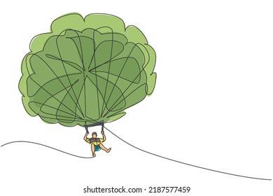 Single continuous line drawing of young tourist man flying with parasailing parachute on sky pulled by a boat. Extreme vacation holiday sport concept. Trendy one line draw design vector illustration