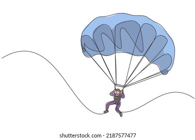 Single continuous line drawing of young tourist man flying with paragliding parachute on the sky. Extreme vacation holiday sport concept. Trendy one line draw design vector graphic illustration