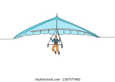 Single Continuous Line Drawing Of Young Tourist Man Flying With Hang Gliding Parachute On The Sky. Extreme Vacation Holiday Sport Concept. Trendy One Line Draw Design Graphic Vector Illustration