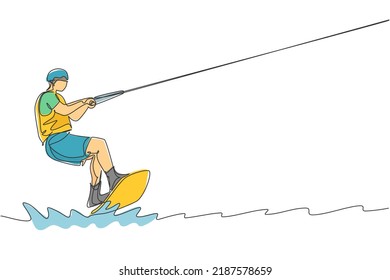 Single continuous line drawing of young sporty surfer man playing - in the sea. Extreme dangerous sea sport concept. Summer holiday vacation. Trendy one line draw design vector graphic illustration