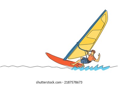 Single continuous line drawing of young sporty surfer man playing windsurfing in the sea. Extreme dangerous sea sport concept. Summer holiday vacation. Trendy one line draw design vector illustration