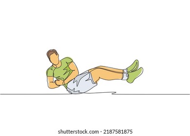 Single continuous line drawing of young happy man exercising. Russian twist movement in sport center gym club. Sport training fitness concept. Trendy one line draw design vector graphic illustration