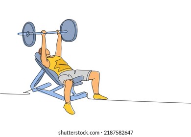 Single continuous line drawing of young sportive man training lift barbell on bench press in sport gymnasium club center. Fitness stretching concept. Trendy one line draw design vector illustration