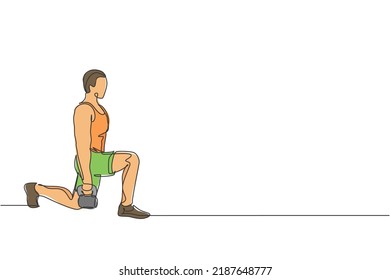 Dibujo de una sola línea continua de jóvenes deportistas entrenando arriba y abajo con kettlebell en el centro deportivo de gimnasia club. El concepto de estiramiento de la puesta en forma. Ilustración del vector de diseño de trazas de una línea