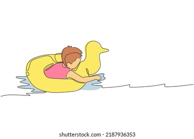 Single continuous line drawing of young happy boy playing with floating ring in gym swimming pool center. Summer holidays and vacation concept. Trendy one line draw graphic design vector illustration