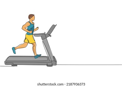 Dibujo de una sola línea continua de la velocidad de entrenamiento de los jóvenes deportistas con cinta de correr en el centro de gimnasia deportiva. El concepto de estiramiento de la puesta en forma. Ilustración del vector de diseño de trazas de una línea