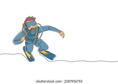 Single Continuous Line Drawing Of Young Sportive Man Pose At Sea Ocean While Scuba Diving To See Coral Reefs And Sea Life. Underwater Sport Concept. Trendy One Line Draw Design Vector Illustration