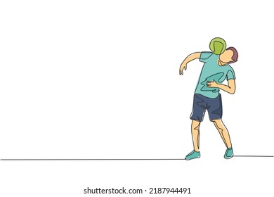 Single continuous line drawing young sportive man train soccer freestyle, hold the ball with shoulder on the field. Football freestyler concept. Trendy one line draw design vector graphic illustration