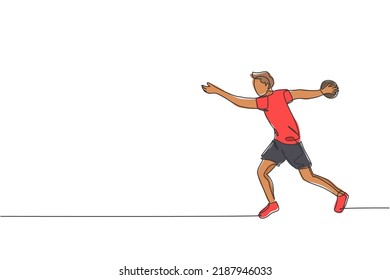 Single continuous line drawing of young sportive man practice to swing discus before throwing it on the court stadium. Athletic games sport concept. Trendy one line draw design vector illustration