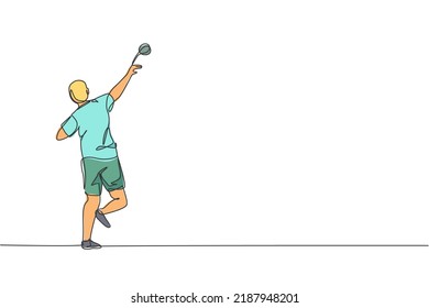 Single continuous line drawing of young sportive man practice to throw shot put powerfully on the court stadium. Athletic games sport concept. Trendy one line draw design graphic vector illustration